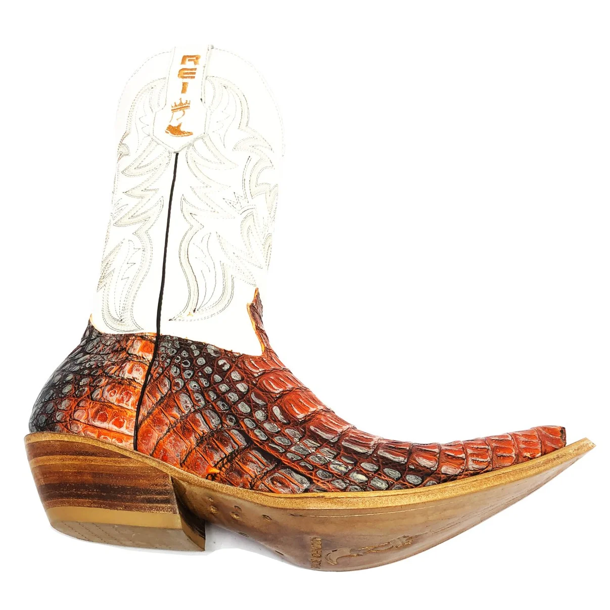 Bota Reizinho Premium Couro De Jacaré Darkness Orange Limited Edition - Cano Alto, Bico Fino, Solado De Couro Artesanal