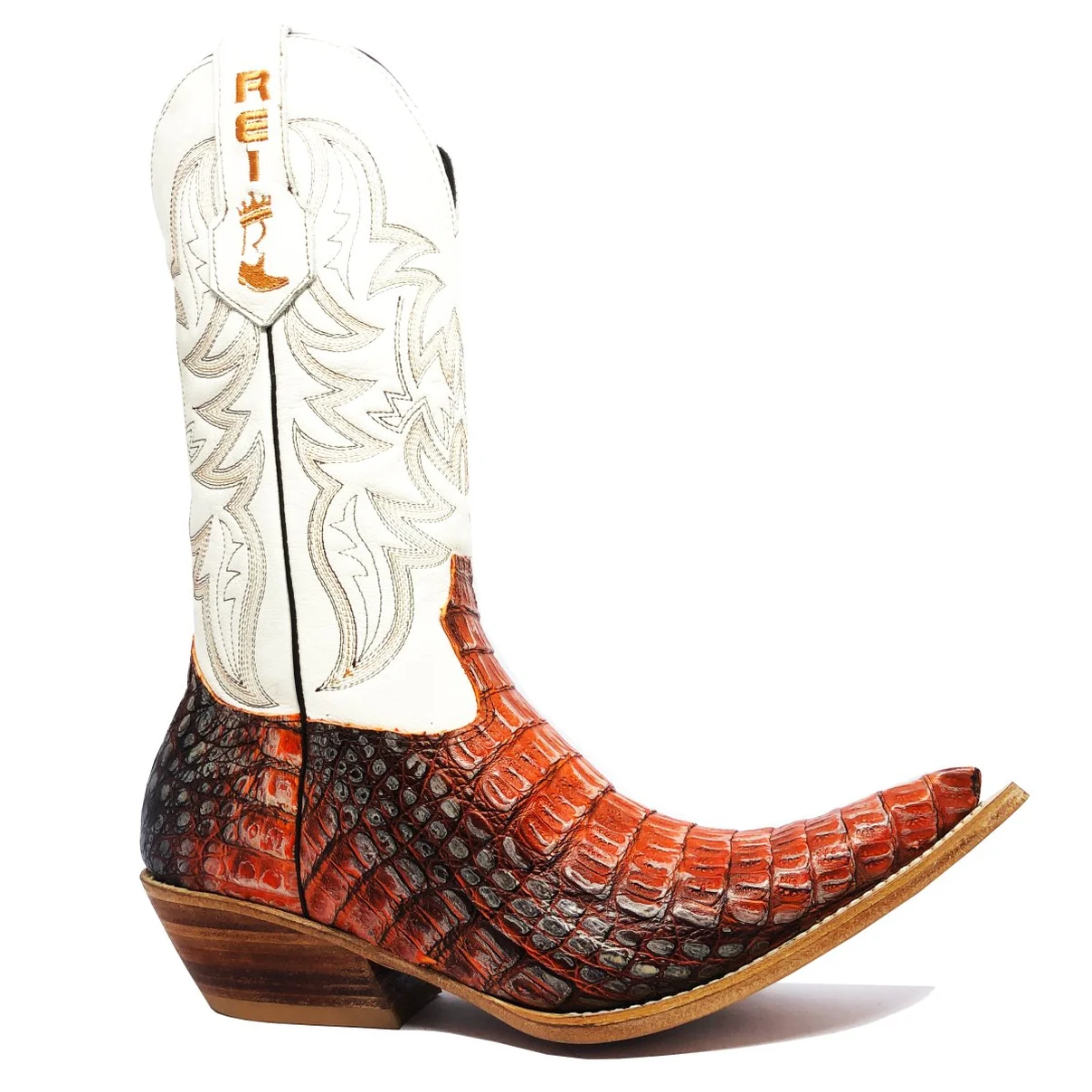 Bota Reizinho Premium Couro De Jacaré Darkness Orange Limited Edition - Cano Alto, Bico Fino, Solado De Couro Artesanal