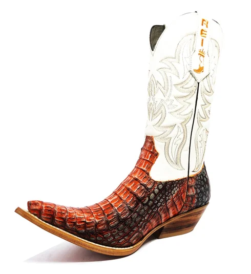 Bota Reizinho Premium Couro De Jacaré Darkness Orange Limited Edition - Cano Alto, Bico Fino, Solado De Couro Artesanal