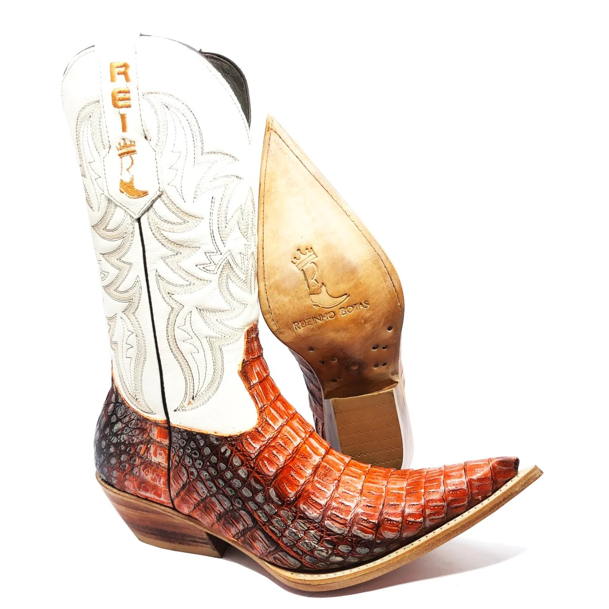 Bota Reizinho Premium Couro De Jacaré Darkness Orange Limited Edition - Cano Alto, Bico Fino, Solado De Couro Artesanal