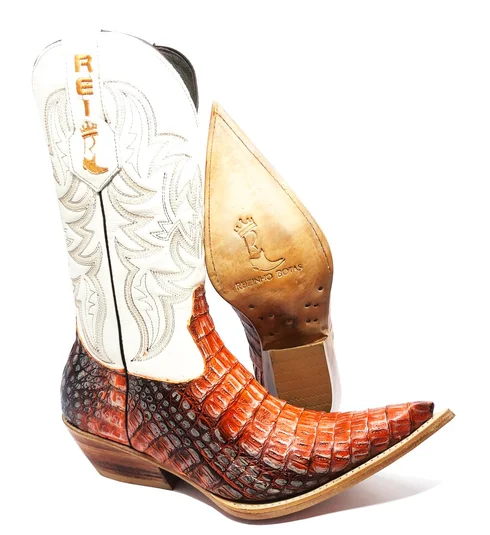 Bota Reizinho Premium Couro De Jacaré Darkness Orange Limited Edition - Cano Alto, Bico Fino, Solado De Couro Artesanal