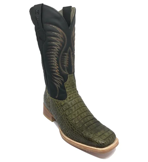 Bota Reizinho Premium Couro De Jacaré Verde Musgo Limited Edition - Cano Alto, Bico Quadrado, Solado De Couro Artesanal