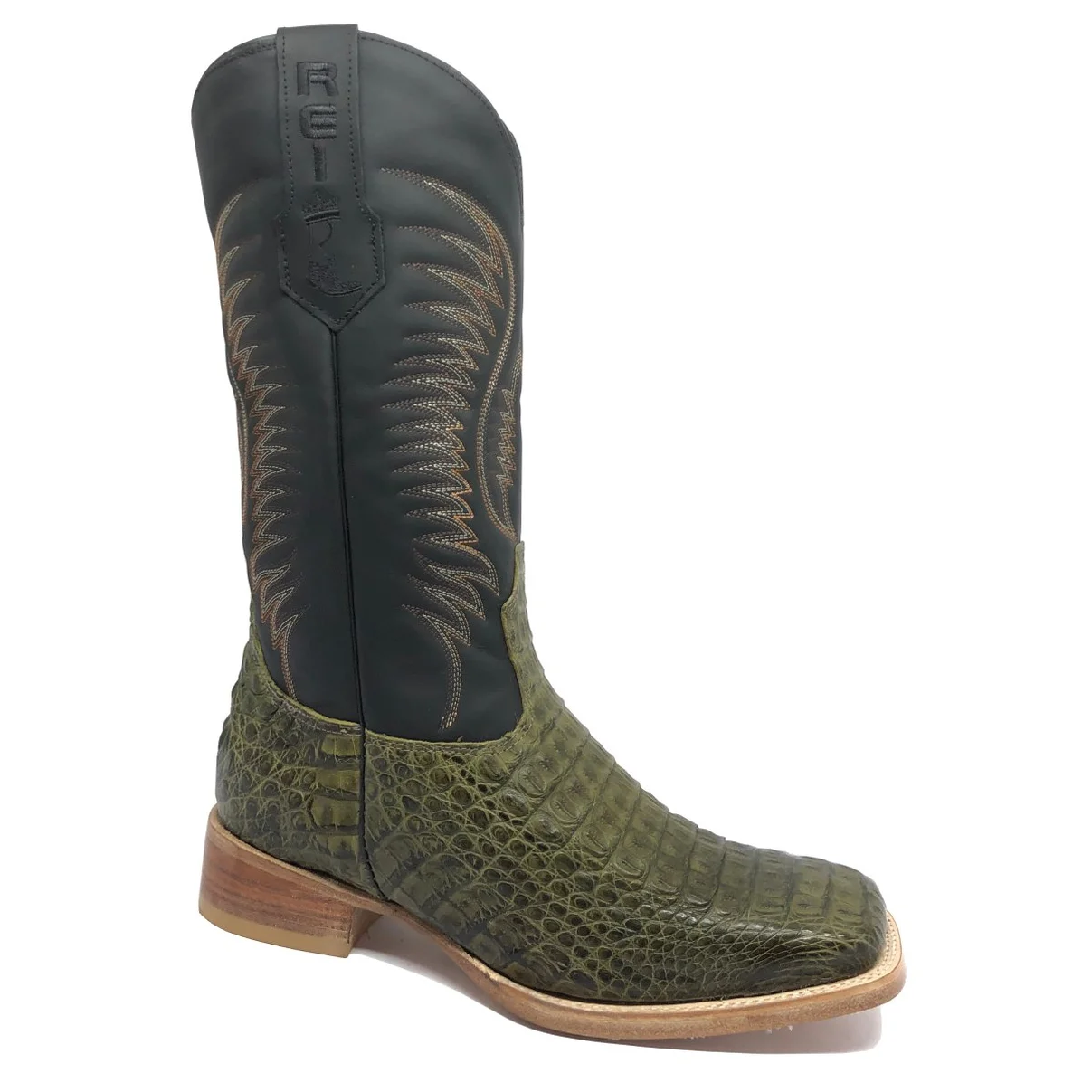 Bota Reizinho Premium Couro De Jacaré Verde Musgo Limited Edition - Cano Alto, Bico Quadrado, Solado De Couro Artesanal