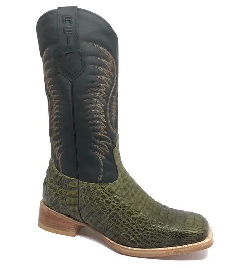 Bota Reizinho Premium Couro De Jacaré Verde Musgo Limited Edition - Cano Alto, Bico Quadrado, Solado De Couro Artesanal