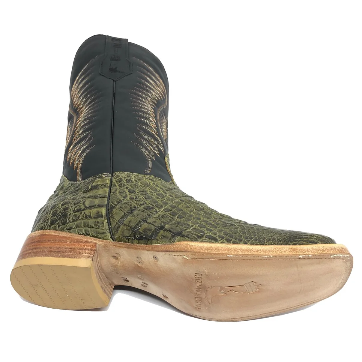 Bota Reizinho Premium Couro De Jacaré Verde Musgo Limited Edition - Cano Alto, Bico Quadrado, Solado De Couro Artesanal