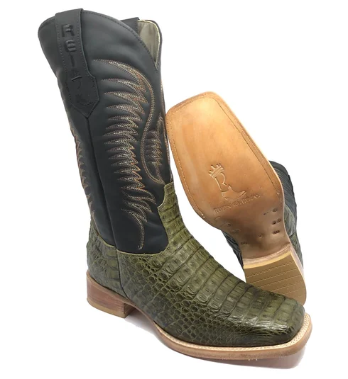 Bota Reizinho Premium Couro De Jacaré Verde Musgo Limited Edition - Cano Alto, Bico Quadrado, Solado De Couro Artesanal