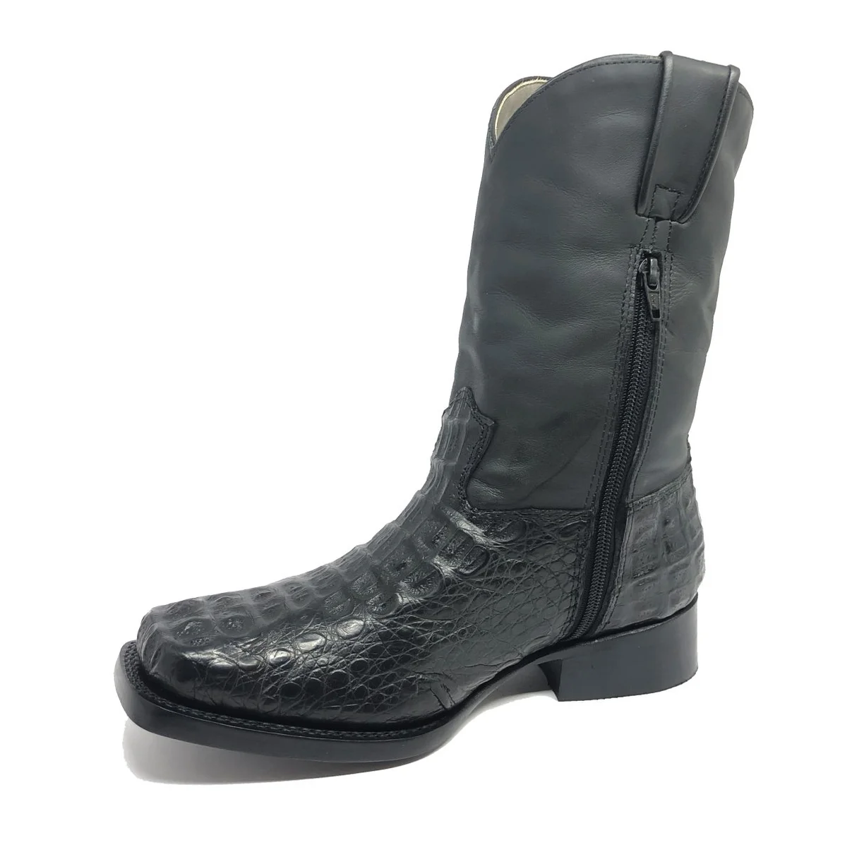 Bota Reizinho Premium Couro De Jacaré Preto Hornback Limited Edition - Cano Médio, Bico Quadrado, Solado De Couro Artesa