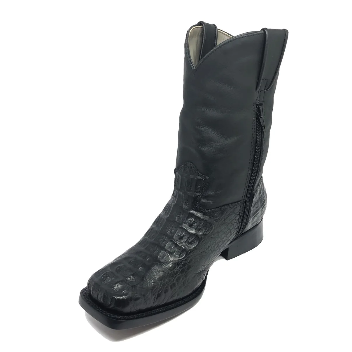 Bota Reizinho Premium Couro De Jacaré Preto Hornback Limited Edition - Cano Médio, Bico Quadrado, Solado De Couro Artesa