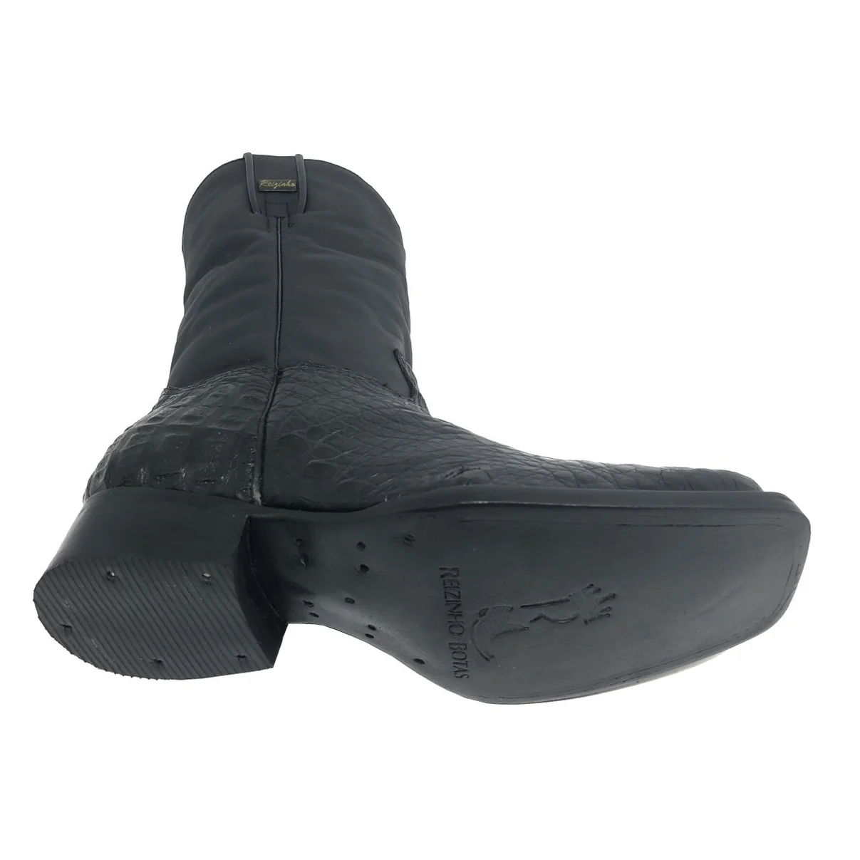 Bota Reizinho Premium Couro De Jacaré Preto Hornback Limited Edition - Cano Médio, Bico Quadrado, Solado De Couro Artesa