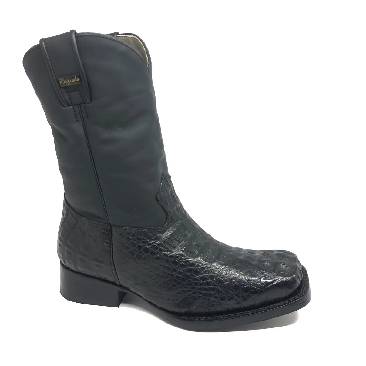 Bota Reizinho Premium Couro De Jacaré Preto Hornback Limited Edition - Cano Médio, Bico Quadrado, Solado De Couro Artesa