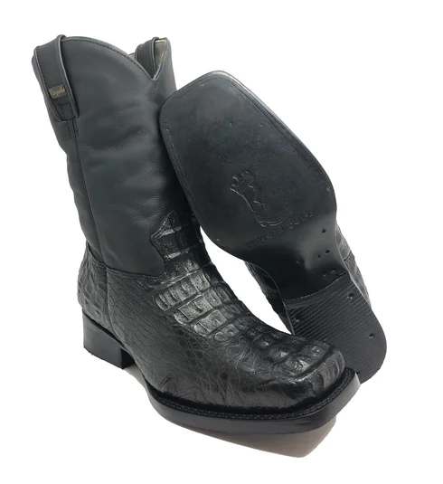 Bota Reizinho Premium Couro De Jacaré Preto Hornback Limited Edition - Cano Médio, Bico Quadrado, Solado De Couro Artesanal