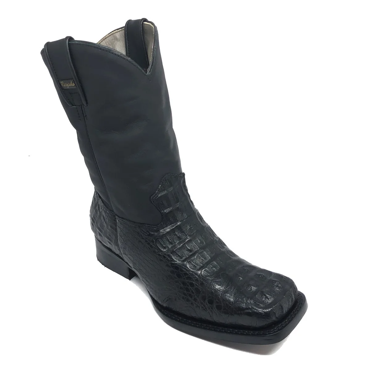 Bota Reizinho Premium Couro De Jacaré Preto Hornback Limited Edition - Cano Médio, Bico Quadrado, Solado De Couro Artesa
