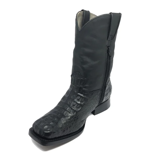 Bota Reizinho Premium Couro De Jacaré Preto Hornback Limited Edition - Cano Médio, Bico Quadrado, Solado De Couro Artesanal