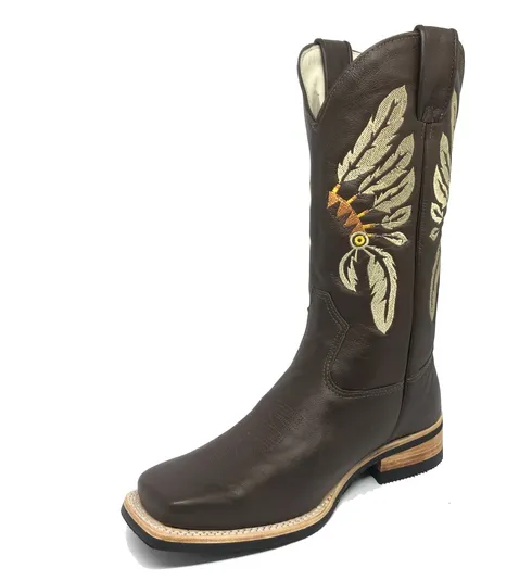 Bota De Couro Marrom Tabaco - Cano Alto, Bico Quadrado, Solado X-Flex Artesanal