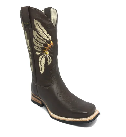 Bota De Couro Marrom Tabaco - Cano Alto, Bico Quadrado, Solado X-Flex Artesanal