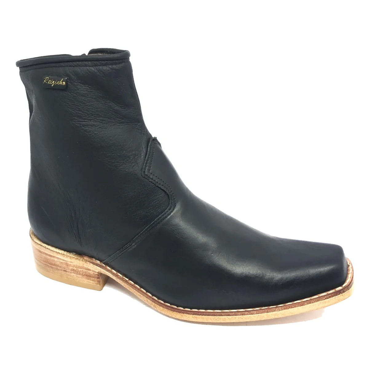 Bota De Couro Bovino Preto - Cano Curto De Zíper, Bico Fino Quadradinho, Solado De Couro Artesanal