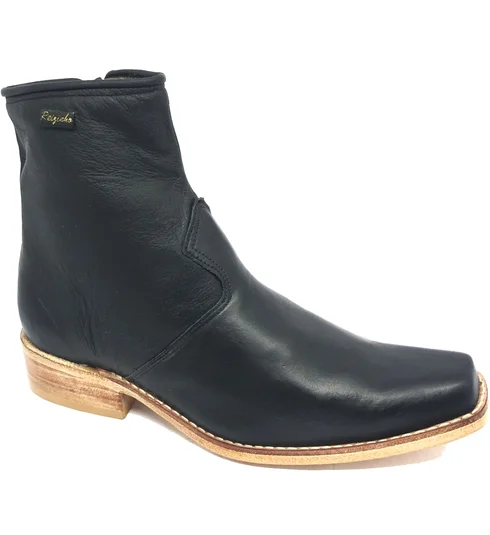 Bota De Couro Bovino Preto - Cano Curto De Zíper, Bico Fino Quadradinho, Solado De Couro Artesanal