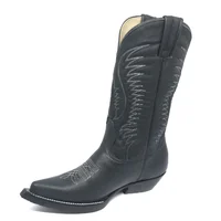 Bota De Couro Bovino Preto - Cano Alto, Bico Fino, Solado De Couro Artesanal - imagem 1