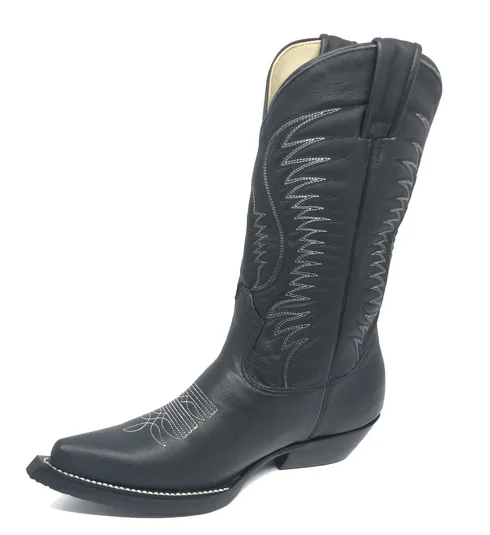 Bota De Couro Bovino Preto - Cano Alto, Bico Fino, Solado De Couro Artesanal