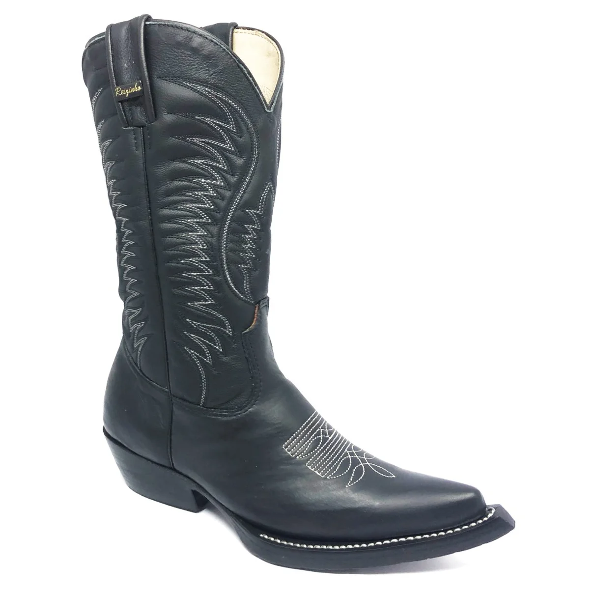 Bota De Couro Bovino Preto - Cano Alto, Bico Fino, Solado De Couro Artesanal