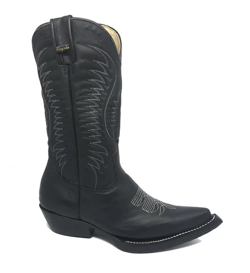 Bota De Couro Bovino Preto - Cano Alto, Bico Fino, Solado De Couro Artesanal