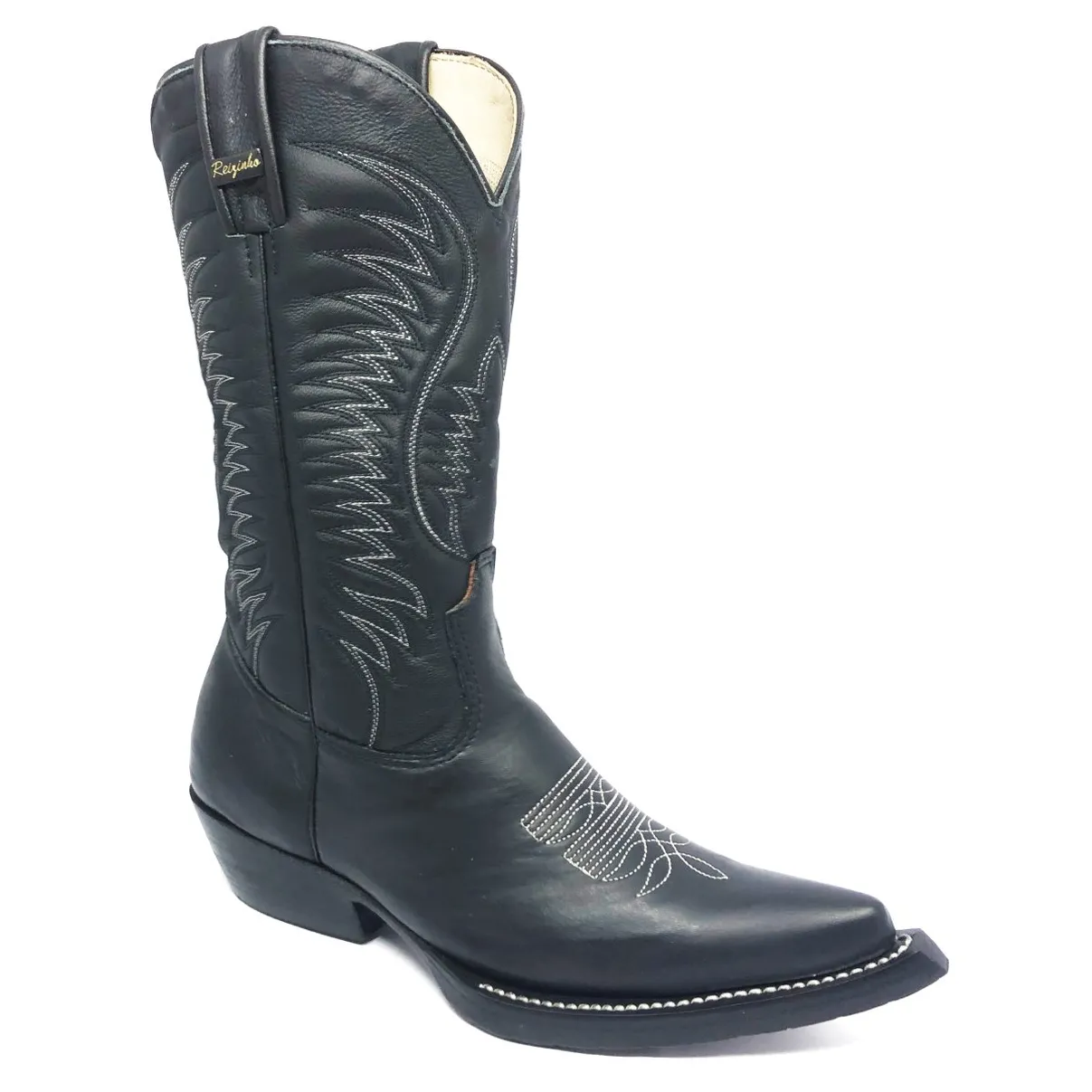 Bota De Couro Bovino Preto - Cano Alto, Bico Fino, Solado De Couro Artesanal