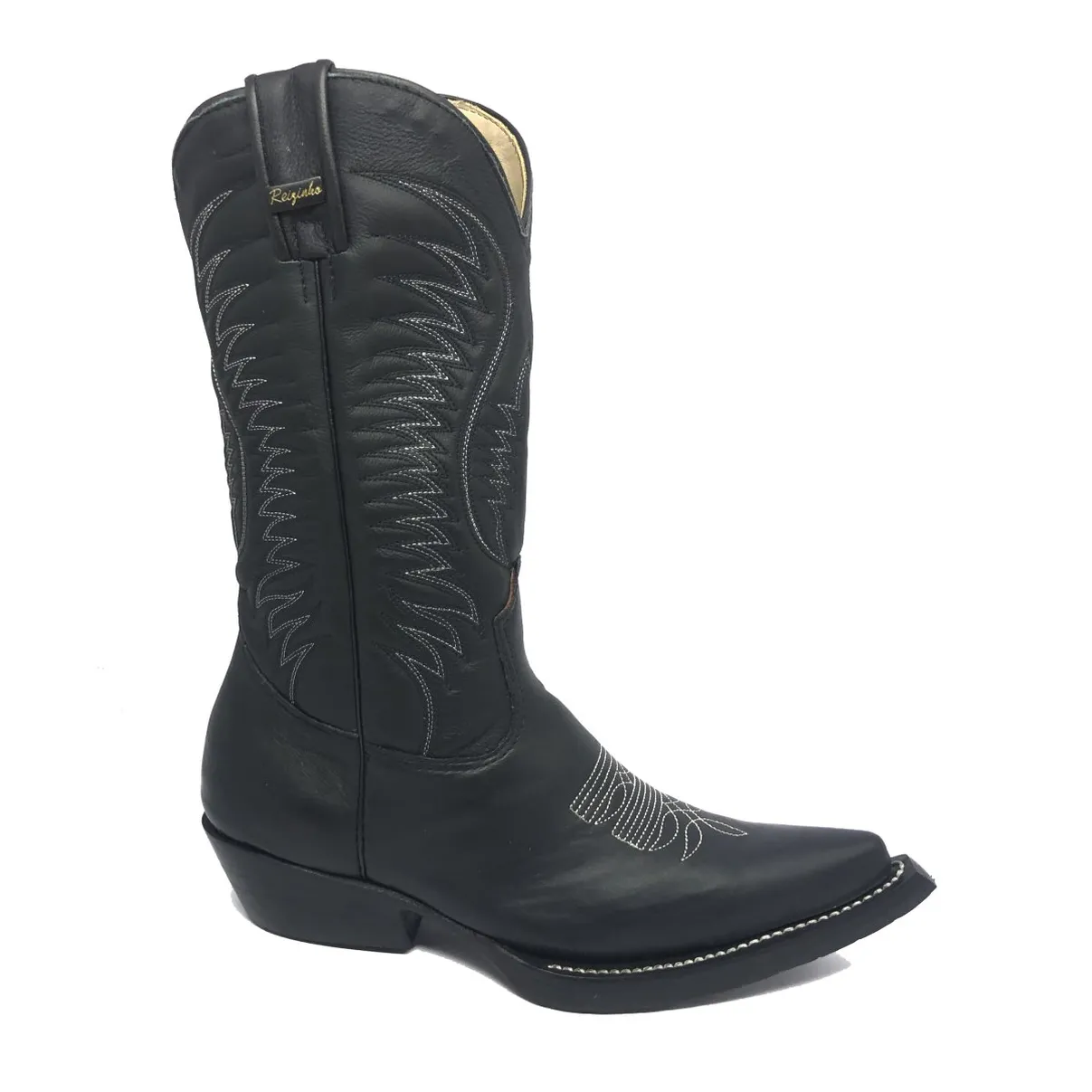 Bota De Couro Bovino Preto - Cano Alto, Bico Fino, Solado De Couro Artesanal