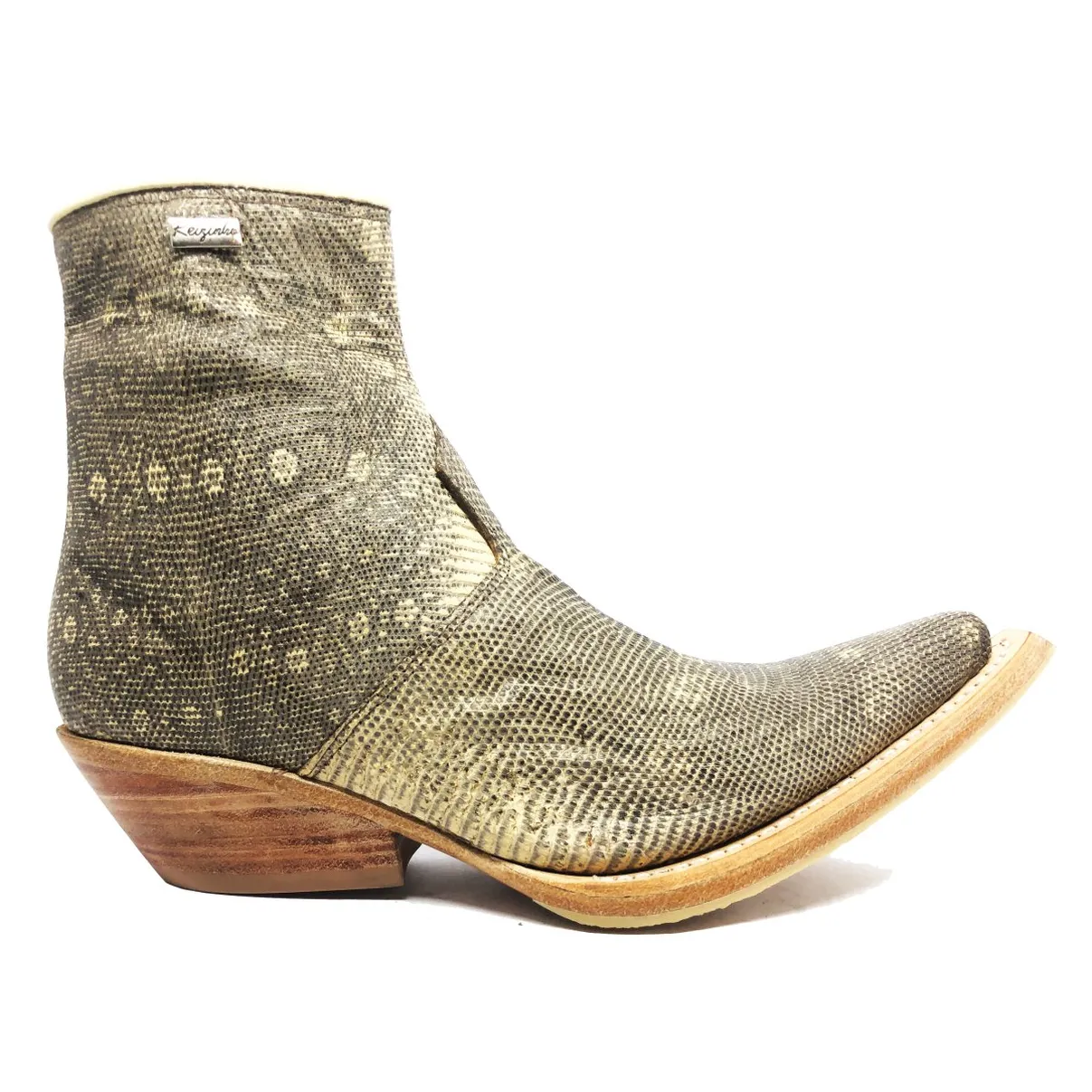 Bota de Couro de Lagarto Africano Natural - Cano Curto, Bico Fino, Solado de Couro Artesanal