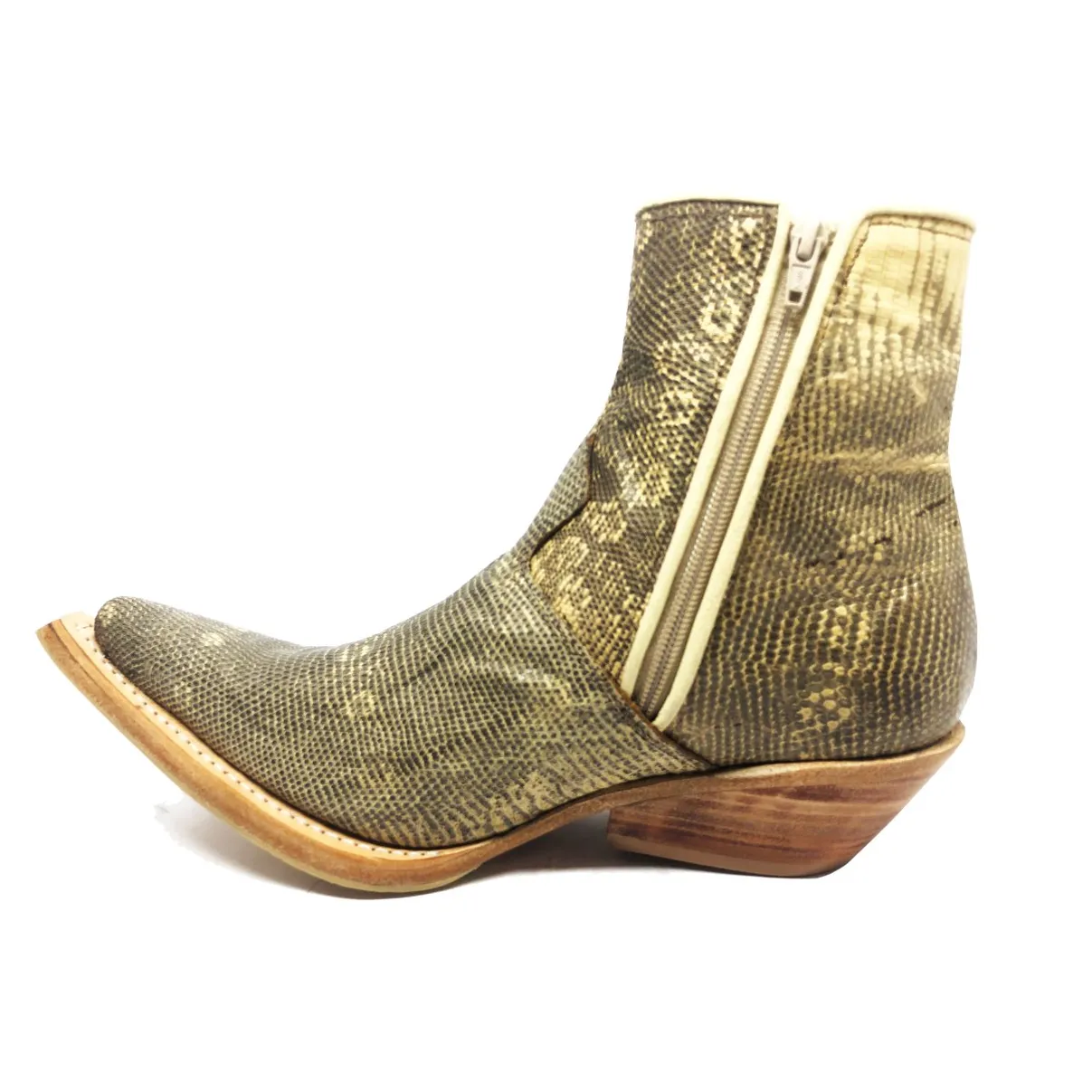 Bota de Couro de Lagarto Africano Natural - Cano Curto, Bico Fino, Solado de Couro Artesanal