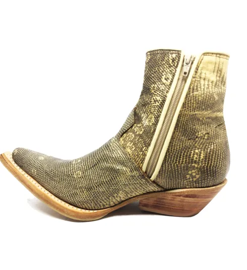 Bota de Couro de Lagarto Africano Natural - Cano Curto, Bico Fino, Solado de Couro Artesanal