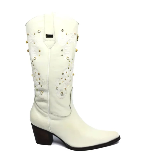 Bota Texana Feminina de Couro Bovino Bege Off White | Linha Cowgirl Elite | Reizinho Botas