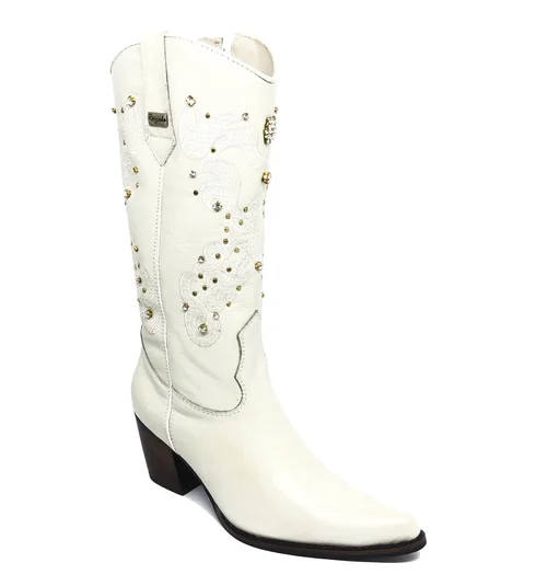 Bota Texana Feminina de Couro Bovino Bege Off White | Linha Cowgirl Elite | Reizinho Botas