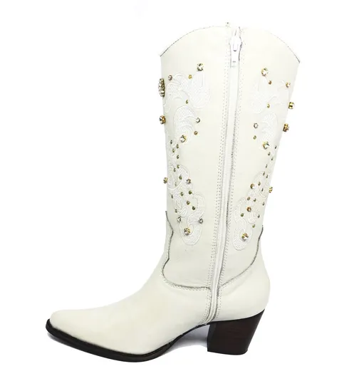 Bota Texana Feminina de Couro Bovino Bege Off White | Linha Cowgirl Elite | Reizinho Botas