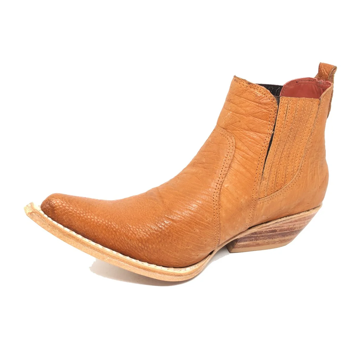 Bota De Couro Barriga De Avestruz Laranja - Cano Curto De Elástico, Bico Fino Inclinado, Solado De Couro Artesanal