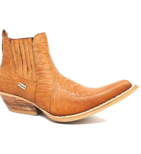 Bota De Couro Barriga De Avestruz Laranja - Cano Curto De Elástico, Bico Fino Inclinado, Solado De Couro Artesanal