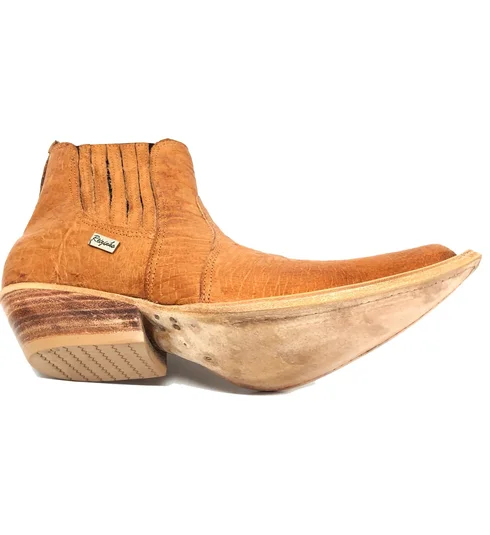 Bota De Couro Barriga De Avestruz Laranja - Cano Curto De Elástico, Bico Fino Inclinado, Solado De Couro Artesanal