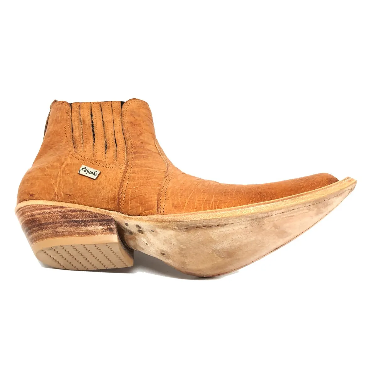 Bota De Couro Barriga De Avestruz Laranja - Cano Curto De Elástico, Bico Fino Inclinado, Solado De Couro Artesanal