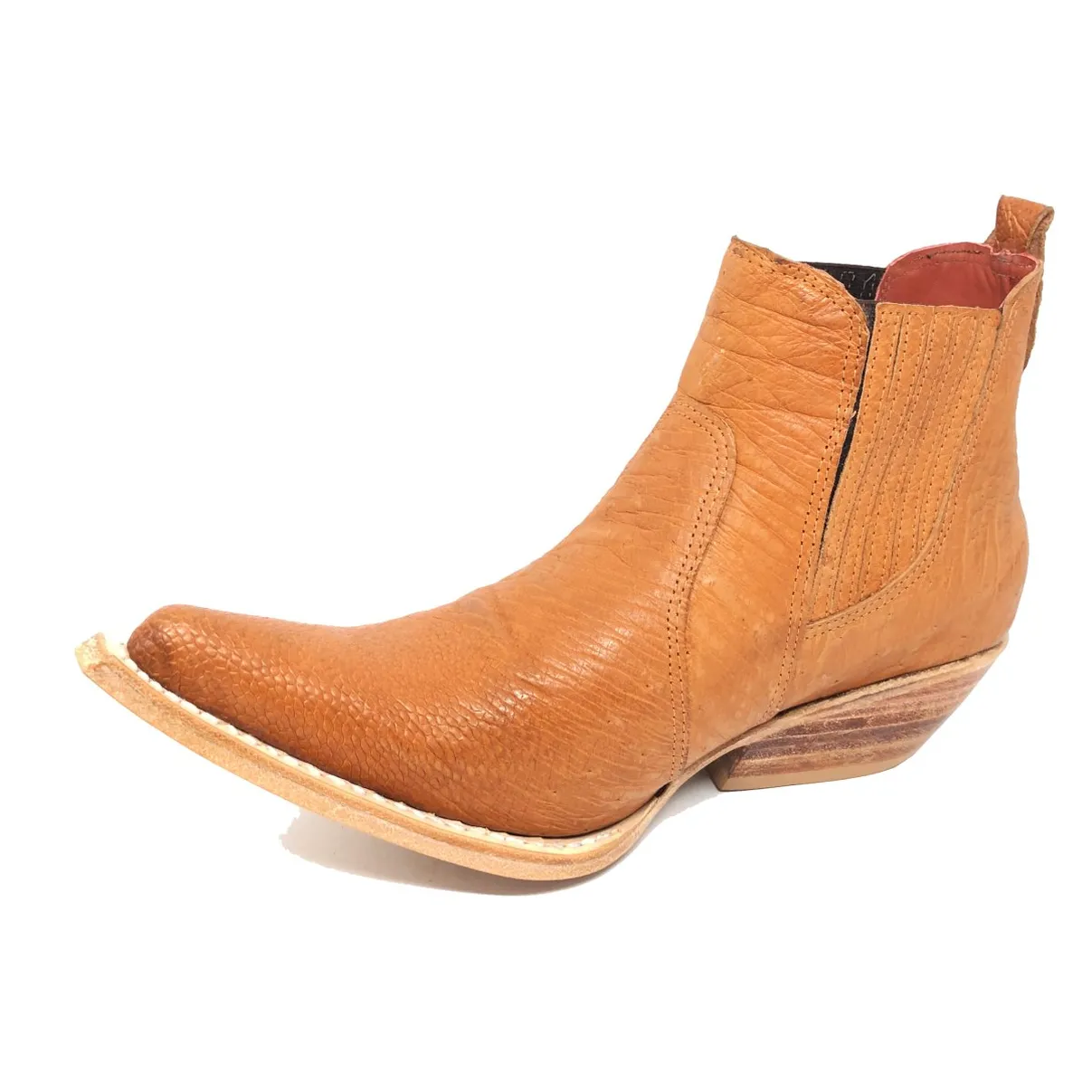 Bota De Couro Barriga De Avestruz Laranja - Cano Curto De Elástico, Bico Fino Inclinado, Solado De Couro Artesanal