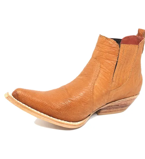 Bota De Couro Barriga De Avestruz Laranja - Cano Curto De Elástico, Bico Fino Inclinado, Solado De Couro Artesanal