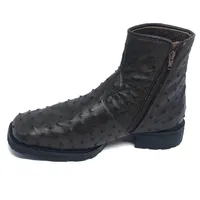 Bota De Couro De Avestruz Cheio Marrom Café - Cano Curto, Bico Quadrado, Solado Flex Comfort - imagem 2