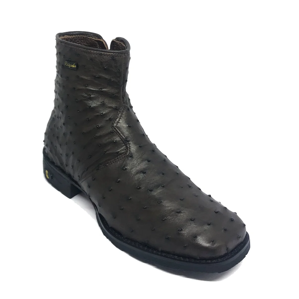 Bota De Couro De Avestruz Cheio Marrom Café - Cano Curto, Bico Quadrado, Solado Flex Comfort