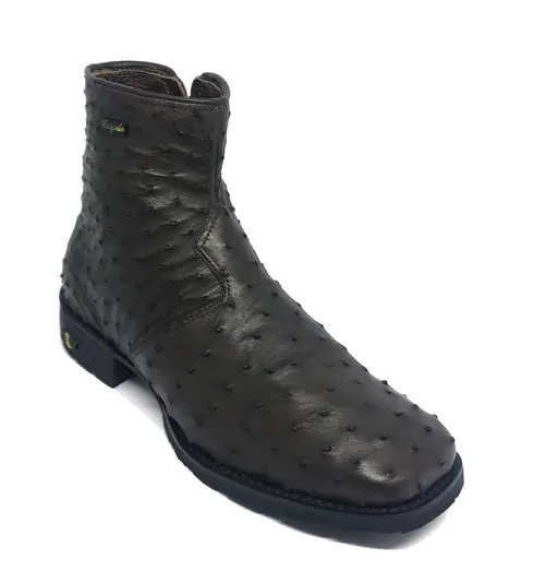 Bota De Couro De Avestruz Cheio Marrom Café - Cano Curto, Bico Quadrado, Solado Flex Comfort