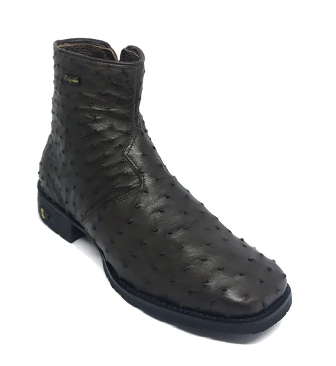 Bota De Couro De Avestruz Cheio Marrom Café - Cano Curto, Bico Quadrado, Solado Flex Comfort