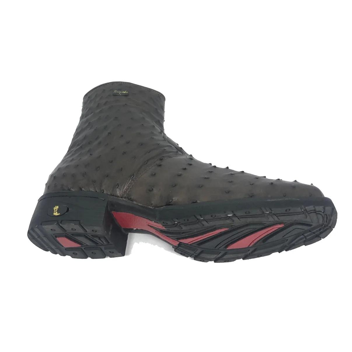 Bota De Couro De Avestruz Cheio Marrom Café - Cano Curto, Bico Quadrado, Solado Flex Comfort