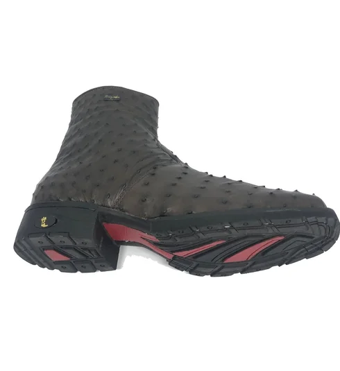 Bota De Couro De Avestruz Cheio Marrom Café - Cano Curto, Bico Quadrado, Solado Flex Comfort