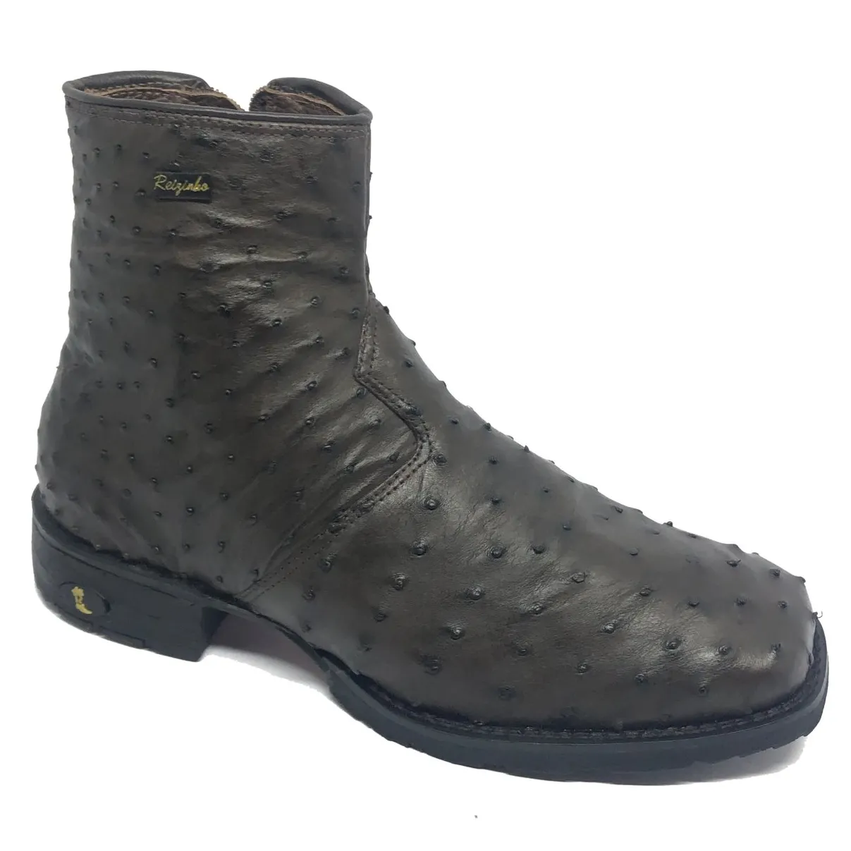 Bota De Couro De Avestruz Cheio Marrom Café - Cano Curto, Bico Quadrado, Solado Flex Comfort