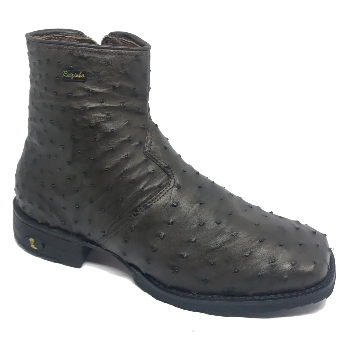 Bota De Couro De Avestruz Cheio Marrom Café - Cano Curto, Bico Quadrado, Solado Flex Comfort