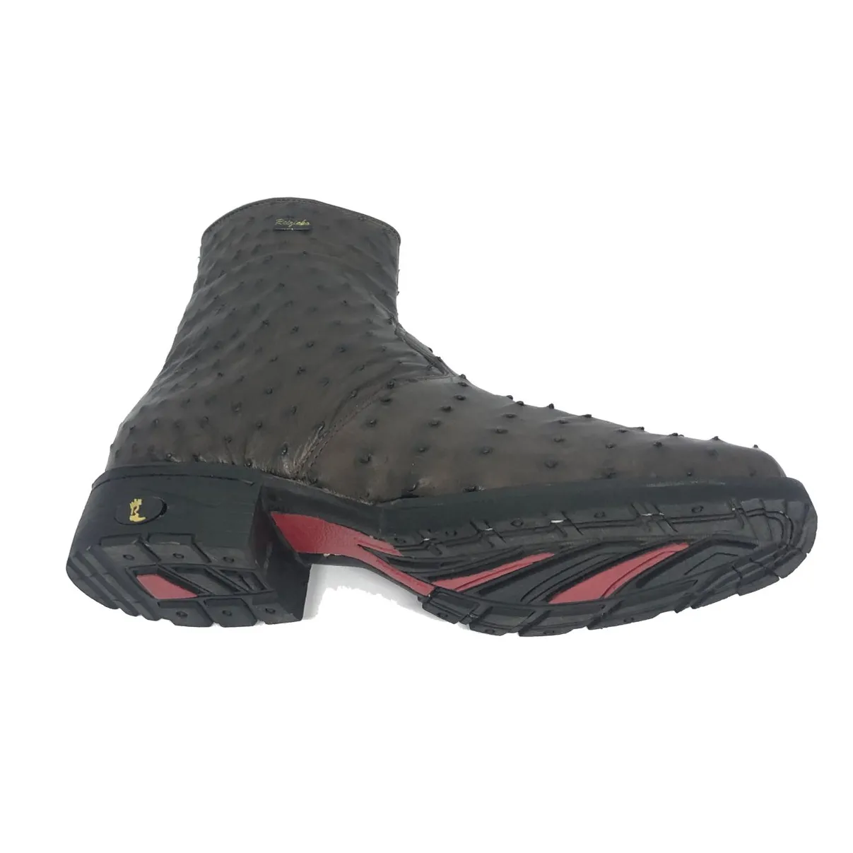 Bota De Couro De Avestruz Cheio Marrom Café - Cano Curto, Bico Quadrado, Solado Flex Comfort