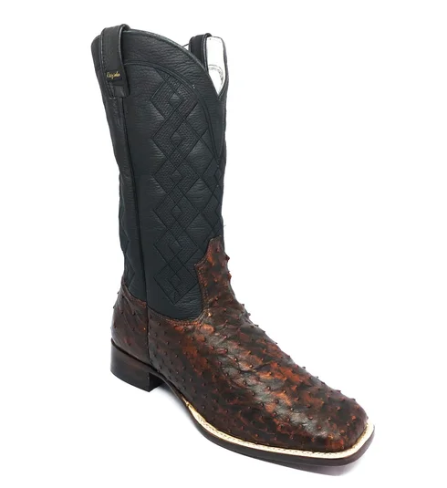 Bota De Couro De Avestruz Cheio BloodWine - Cano Alto, Bico Quadrado, Solado De Couro Artesanal