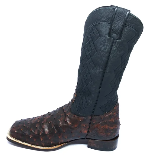 Bota De Couro De Avestruz Cheio BloodWine - Cano Alto, Bico Quadrado, Solado De Couro Artesanal